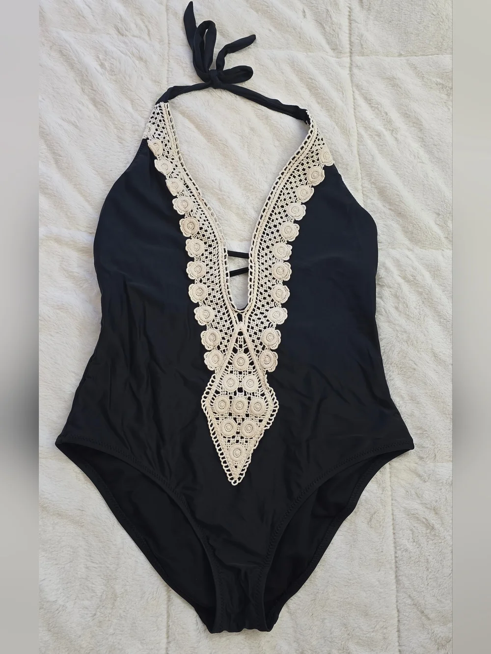 Black One-Piece Swimsuit with Cream Crochet Trim